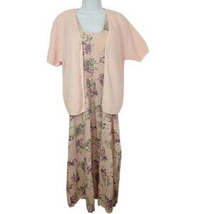 Vintage 90s 2-pc Set Floral Tank Dress & Cardigan Sweater Knit Blush Pink M/L
